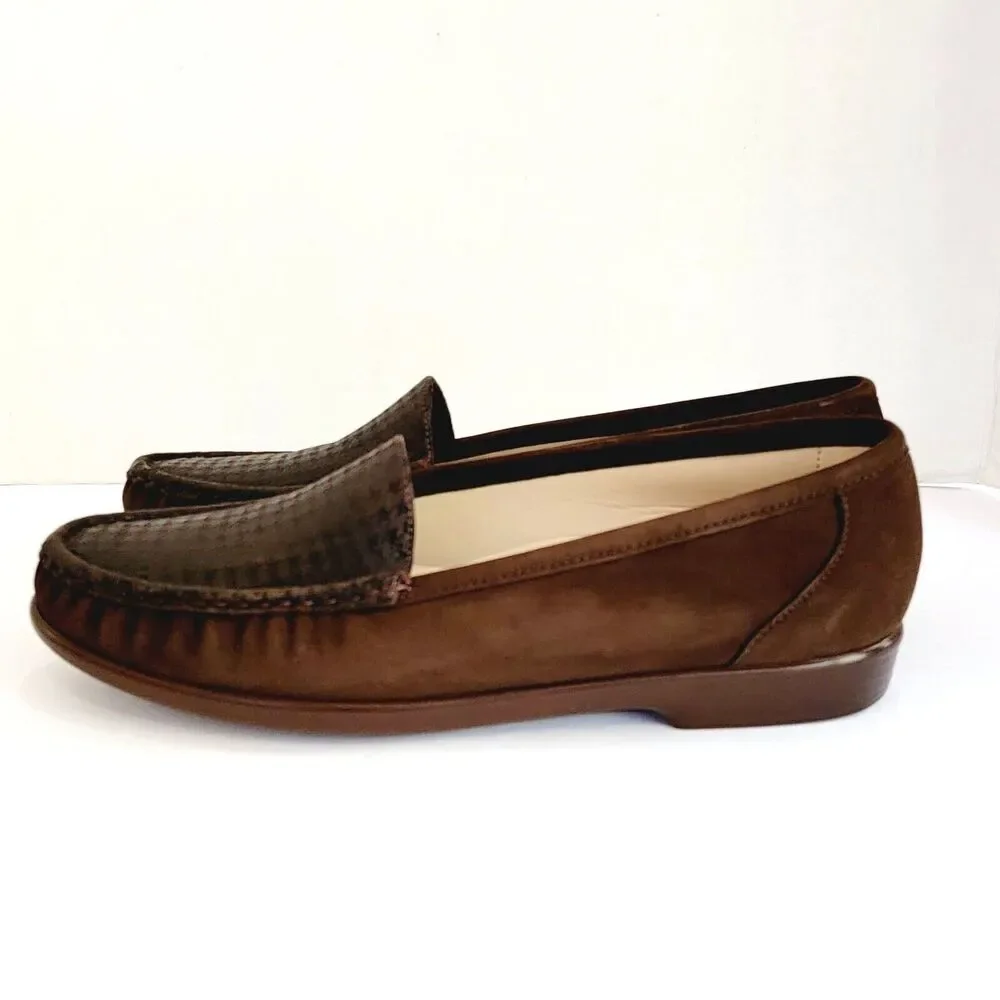 SAS Simplify Loafers Women Sz 10 N Brown Tetris Nubuck Leather Houndstooth Flats